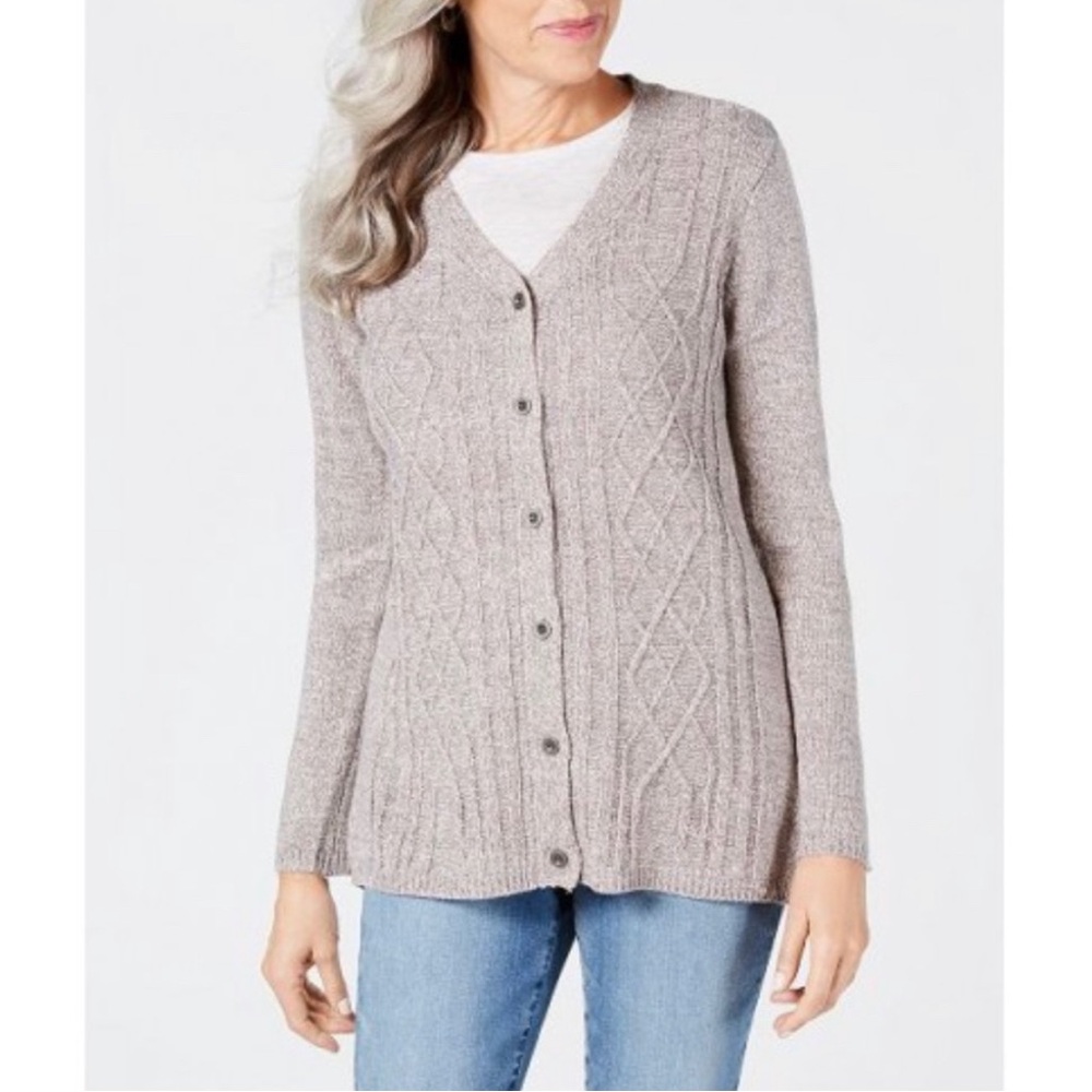 Karen Scott Cable Knit Sweater Cardigan Tan Women’s Size M Cottagecore Textured